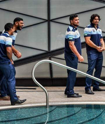 Pooling resources: The NSW team gathers at the Star yesterday. The team has leaders in Farah, Scott and Merrin, while the young legs in the forwards can take the game to the Maroons. Photo: Brendan Esposito
