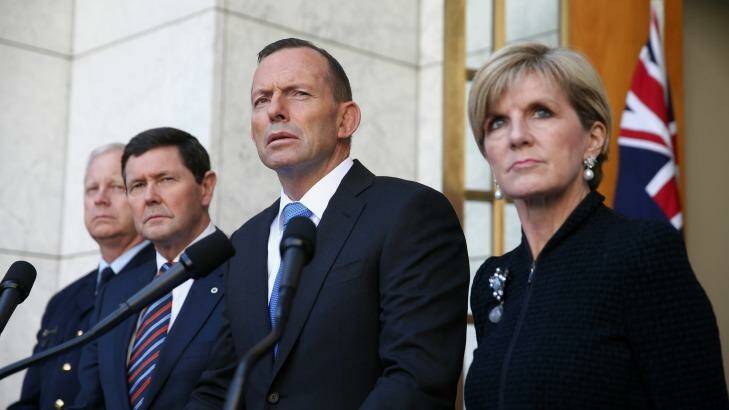 Chief of the Defence Force Air Chief Marshal Mark Binskin, former defence minister Kevin Andrews, former prime minister Tony Abbott and Foreign Minister Julie Bishop announced Australia would take 12,000 refugees from Syria and Iraq in September. Photo: Alex Ellinghausen