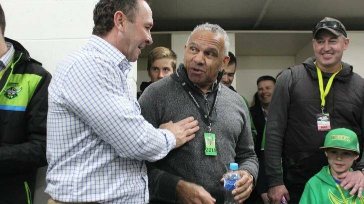 John 'Chicka' Ferguson in the Canberra Raiders' sheds with coach Ricky Stuart.