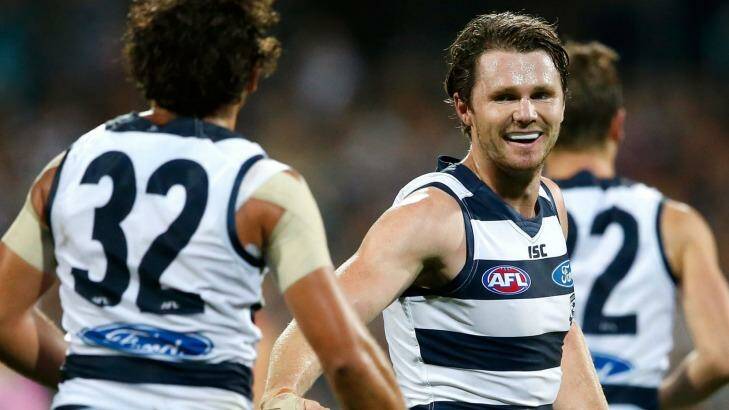 Steven Motlop of the Cats (left) celebrates a goal with Patrick Dangerfield two weeks ago. Photo: Getty Images/AFL Media
