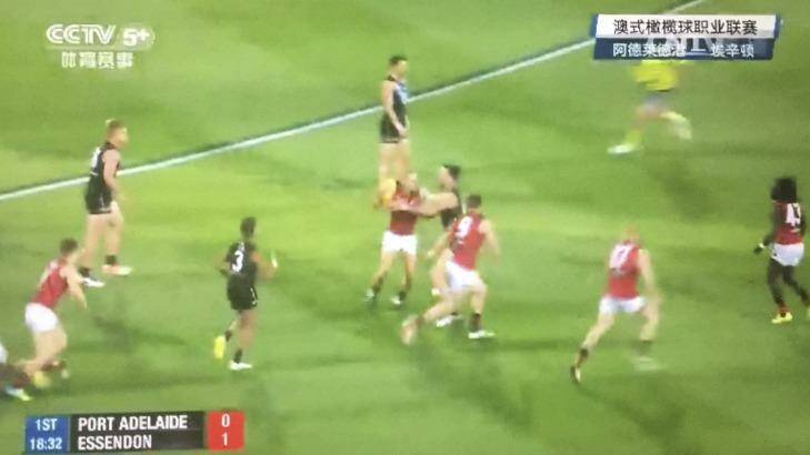 Port Adelaide's runaway victory against Essendon was broadcast on China's CCTV5+, a digital offshoot of the national broadcaster's main sports channel. Photo: CCTV