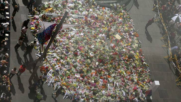 Tributes at Sydney's Martin Place, seen from the air.  Photo: Cole Bennetts