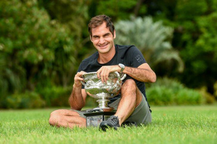 The Age, News, 29/01/2018, photo by Justin McManus. Australian Open winner Roger Federer with the championship cup at Government House.