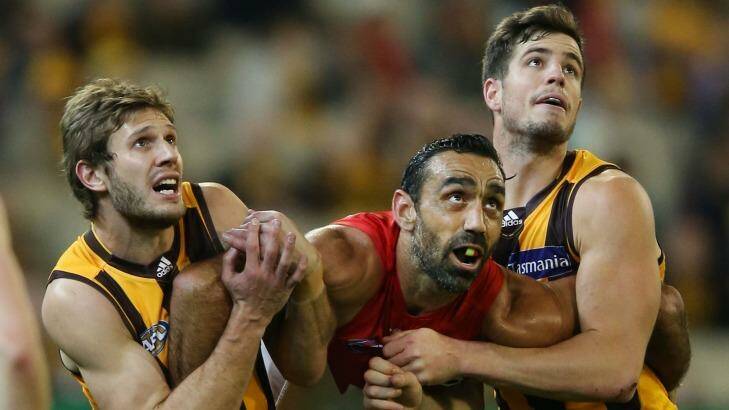  Adam Goodes of the Swans (centre) competes for the ball against Grant Birchall (left) and Ben Stratton of the Hawks at the MCG.    Photo: Michael Dodge / AFL Media