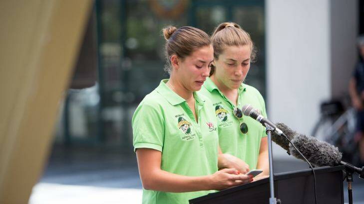 Captain of the Brisbane Barracudas water polo team Ellodie Ruffin spoke at the Memorial Service for Cole Miller. Photo: Tammy Law