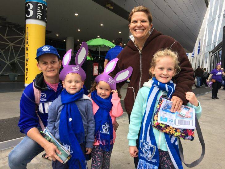PHOTO Melissa Cunningham shows From left to right Vicki Foote with Jorja, 6, Jaida,3, Julie Doonan and Jarrah,3. The Family have travelled from WA especially for game in Melbourne today Good Friday 14th April 2017 Photo: Melissa Cunningham