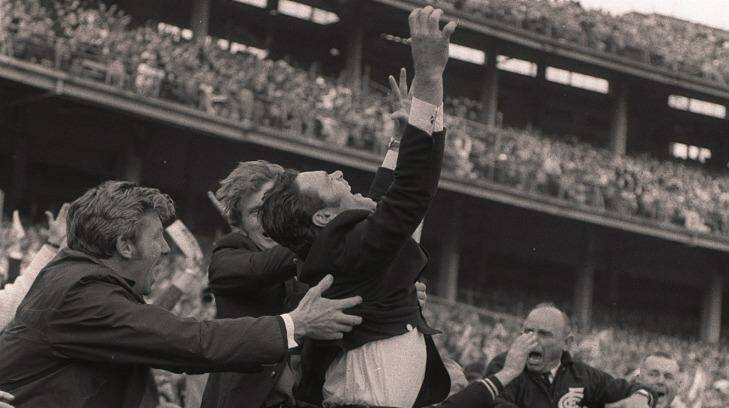 Ron Barassi celebrates Carlton's comeback victory in the 1970 grand final 