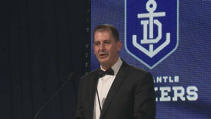 Ross Lyon addresses the crowd at the Doig Medal presentation. Photo: Dockers TV