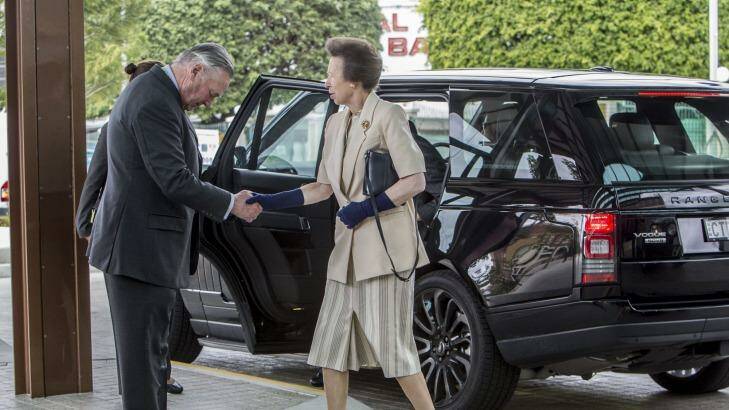 Princess Anne, Princess Royal is greeted by Lord Samuel Vestey. Photo: Glenn Hunt