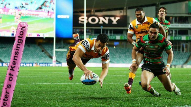 Nice tries, no fans: Jordan Kahu of the Broncos scores against South Sydney on Thursday night. Photo: Getty Images 