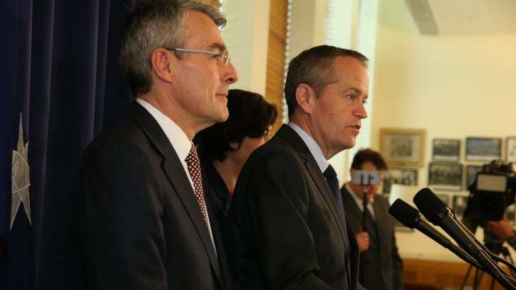 Shadow attorney-general Mark Dreyfus and Opposition Leader Bill Shorten announce Labor's rejection of the plebiscite on Tuesday. Photo: Andrew Meares