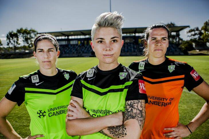 Sport. 4th December 2015. The United's Matildas are determined to guide Canberra to the finals after a season of interrupted by international duty. From left, Caitlin Munoz, Michelle Heyman, and Lydia Williams.

The Canberra Times

Photo Jamila Toderas