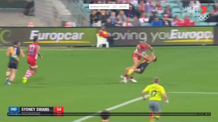 Shane Edwards is thrown backwards by the force of the contact with Lance Franklin. Photo: Courtesy Fox Footy