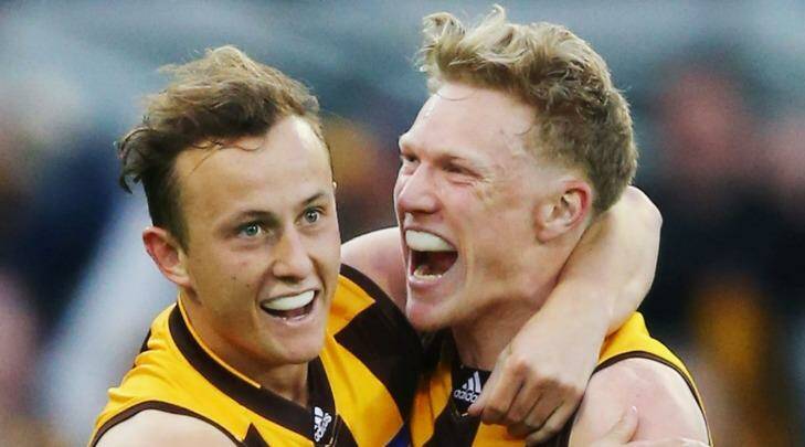 Double delight: Hawks Billy Hartung celebrates a goal with James Sicily. Photo: Michael Dodge