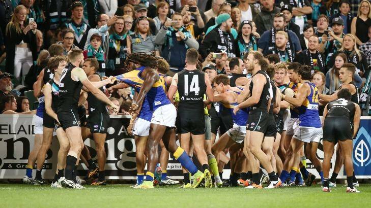 Tom Jonas' crude hit on Andrew Gaff led to a big melee - and fines for Andrew Gaff and others. Photo: Morne de Klerk
