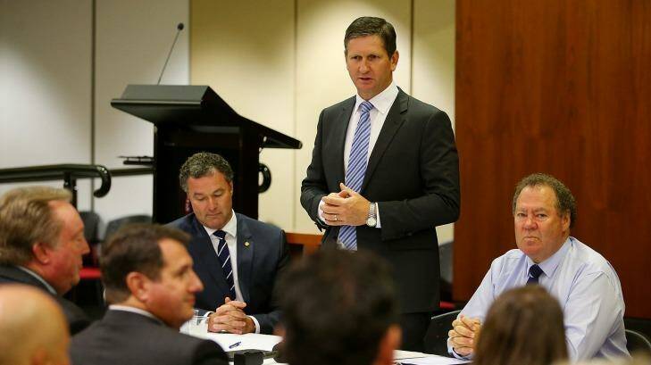 Opposition Leader Lawrence Springborg addresses the first LNP party room meeting since the Palaszczuk government was sworn in. Photo: Chris Hyde
