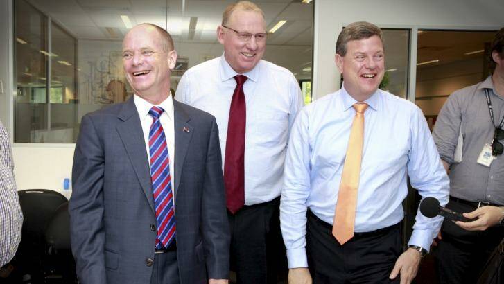 Happy to be first to the punch...Premier Campbell Newman with Deputy Premier Jeff Seeney and Treasurer Tim Nicholls. Photo: Renee Melides