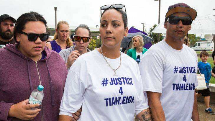 Tiahleigh's biological mother Cindy with other supporters outside the packed Beenleigh Magistrates Court on Wednesday. Photo: Glenn Hunt