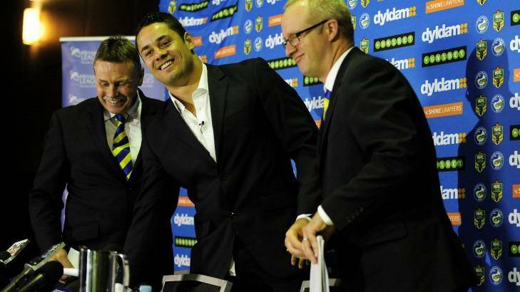 In happier times: Eels CEO Scott Seward (right) and chairman Steve Sharp (left) with Jarryd Hayne on the day the latter revealed his code switch.   Photo: Getty Images 