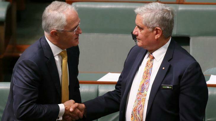 Prime Minister Malcolm Turnbull shakes hands with Indigenous MP Ken Wyatt after he tabled the Closing the Gap statement earlier this year. Photo: Alex Ellinghausen