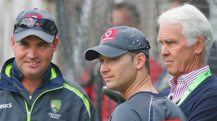 A different time:  Mickey Arthur as Australia coach with former captain Michael Clarke and chairman of selectors John Inverarity in Melbourne in 2012. Photo: Scott Barbour