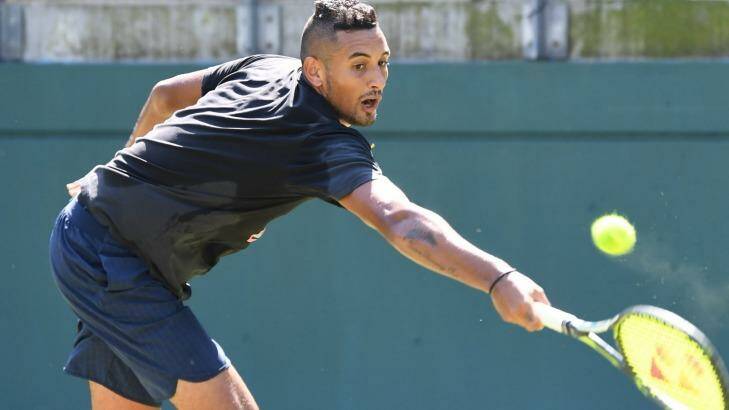 Limbering up: Nick Kyrgios practises on Monday ahead of Australia's David Cup play-off against Slovakia.  Photo: Peter Rae 