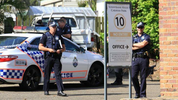 Police investigate a shooting at Sunnybank Hills Caravan Park after a man was taken to hospital with a chest injury. Photo: Jorge Branco