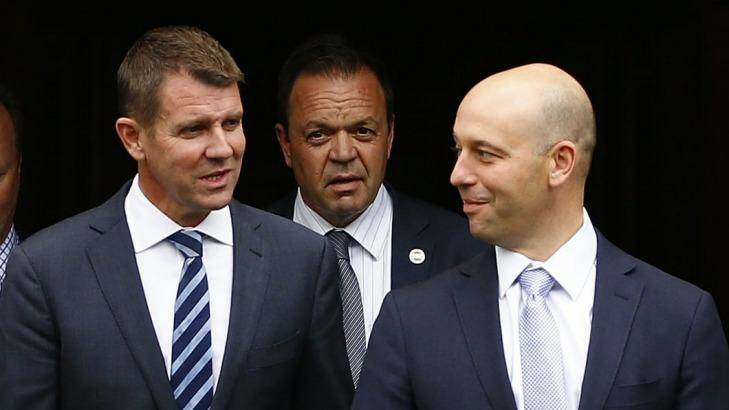 Important talks: Premier Mike Baird and Todd Greenberg (right) at Thursday's announcement. Photo: Daniel Munoz