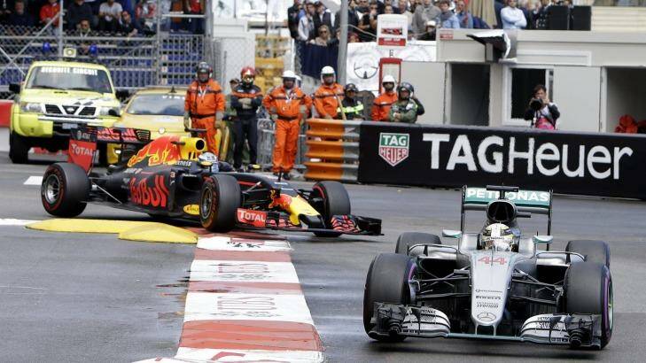 Lewis Hamilton for Mercedes leads Red Bull's Daniel Ricciardo in Monaco. Photo: Claude Paris/AP