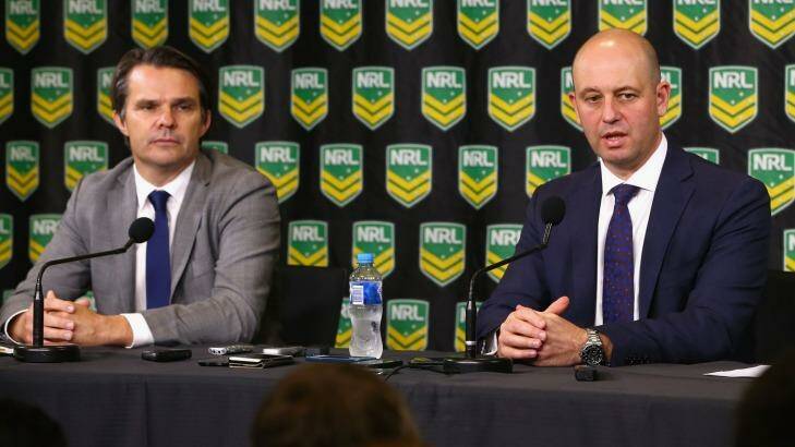 NRL Head of Integrity Nick Weeks watches on as NRL CEO Todd Greenberg speaks to the media on Tuesday. Photo: Getty Images 