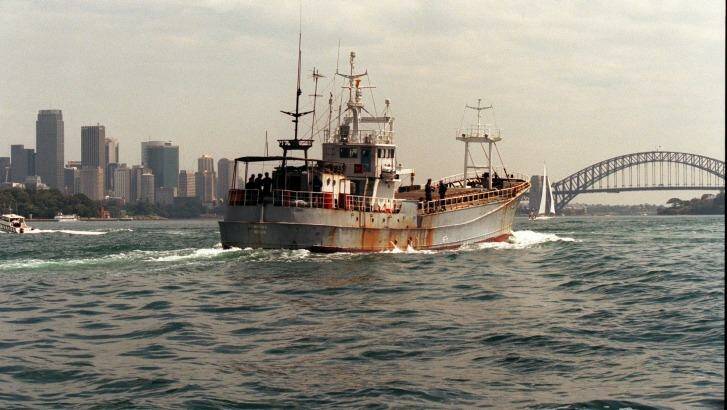 The  freighter involved in the 390kg heroin haul,arrives in Sydney Harbour in October 1998. Photo: Rick Stevens