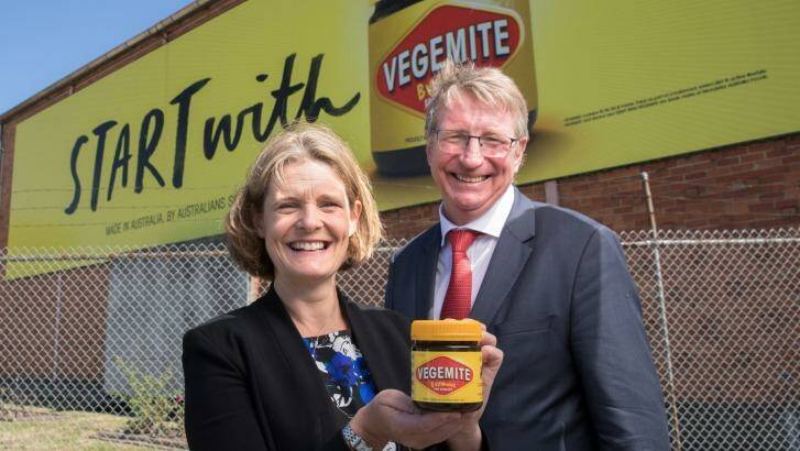 Mondelez's Australian vice-president Amanda Banfield and Bega Cheese executive chairman Barry Irvin. Photo: Simon Schluter