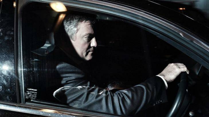 Eddie McGuire leaves Collingwood headquarters after a board meeting on Tuesday night. Photo: Luis Ascui