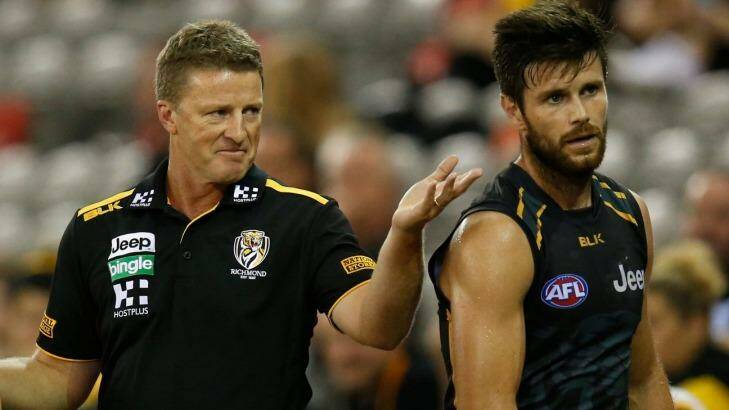 Richmond coach Damien Hardwick on the sidelines with skipper Trent Cotchin. Photo: Michael Willson/AFL Media