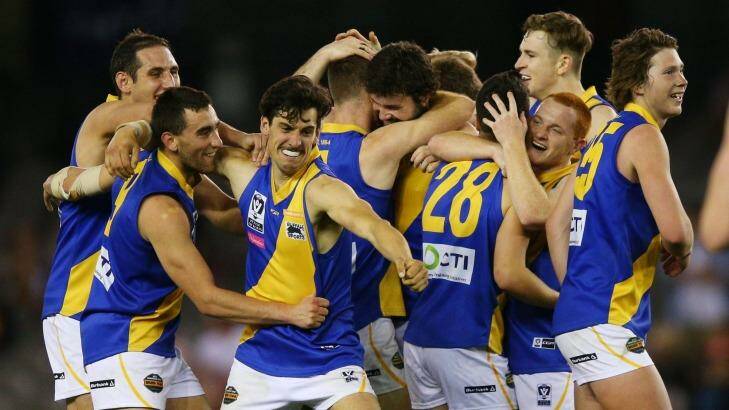 The Seagulls celebrate their win. Photo: AFL Media/Getty Images