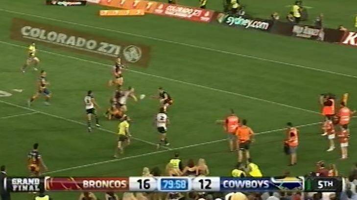 Morgan's flick pass to Kyle Feldt two seconds before full-time that led to the equalising try. Photo: Channel Nine