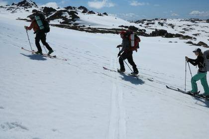 Daisy Dumas, Dave Herring and Adam West of Main Range Back Country, backcountry skiing, Thredbo. Photo: Tim Peltz