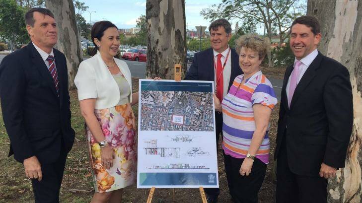 At the Prince Charles Hospital for the announcement of a new mental health facility for young Queenslanders were (from left) local MP Dr Anthony Lynham, Premier Annastacia Palaszczuk, policy officer Greg Fowler, Jeannine Kimber and Health Minister Cameron Dick. Photo: Tony Moore