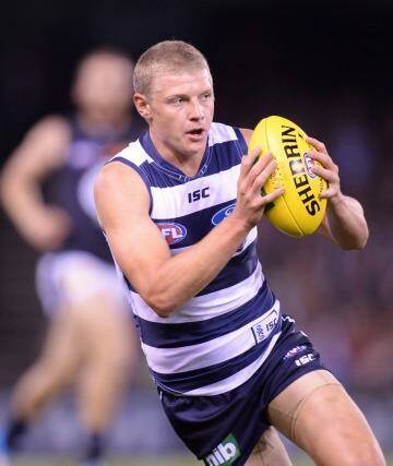 Taylor Hunt played 63 games in his five years with Geelong, becoming a regular senior player in 2012 playing as a run-with midfielder. Photo: Sebastian Costanzo