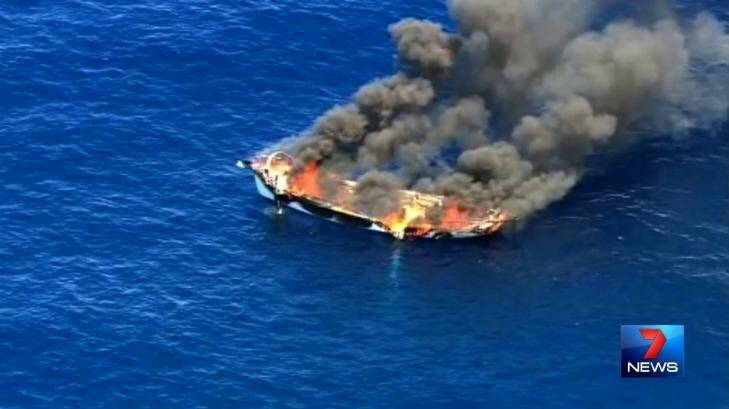 Channel 7 image of a boat on fire off the Gold Coast. Photo: Channel 7