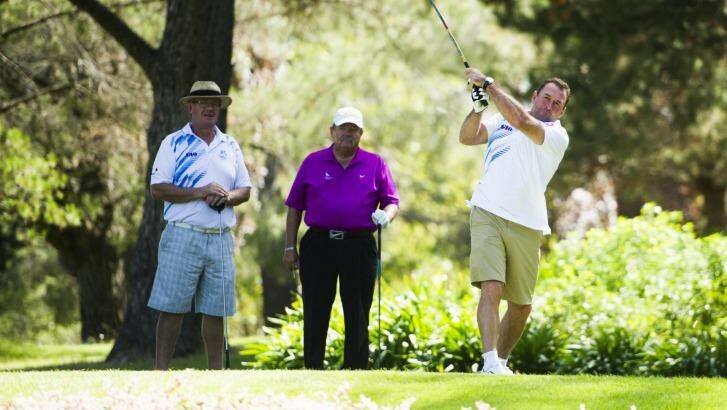 Ricky Stuart tees off at the Ricky Stuart Foundation Golf Day at Royal Canberra Golf Club. Photo: Jay Cronan