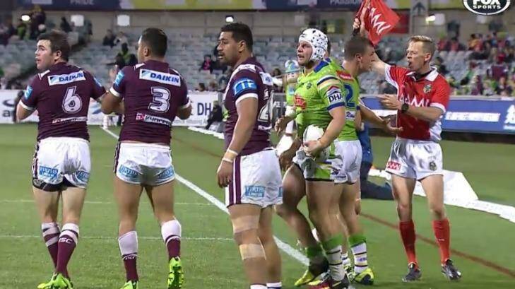Jack Wighton will be suspended for one match for illegally touching linesman Brett Suttor. Photo: Fox Sports