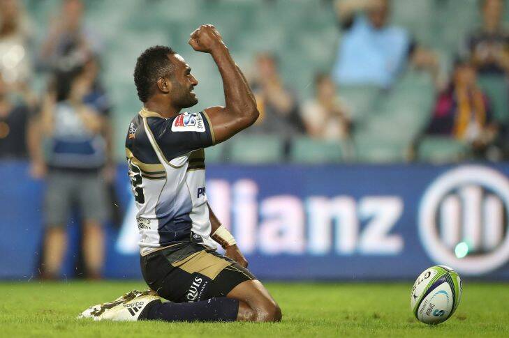 SYDNEY, AUSTRALIA - MARCH 18:  Tevita Kuridrani of the Brumbies celebrates scoring a try during the round four Super Rugby match between the Waratahs and the Brumbies at Allianz Stadium on March 18, 2017 in Sydney, Australia.  (Photo by Mark Kolbe/Getty Images)