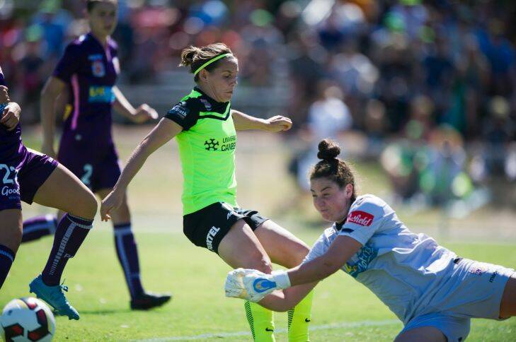 Canberra United V Perth Glory at McKellar Park.
Canberra's Ashleigh Sykes comes up against Perth keeper Melissa Maizels