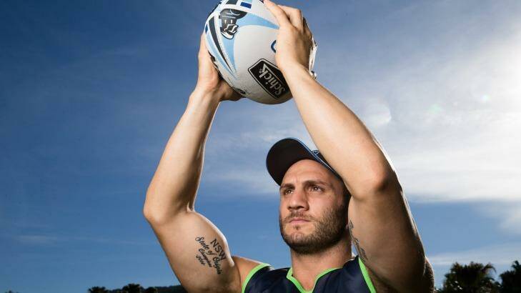 State pride: Blues hooker Robbie Farah with his State of Origin tattoo on his right arm, in Coffs Harbour.  Photo: Janie Barrett