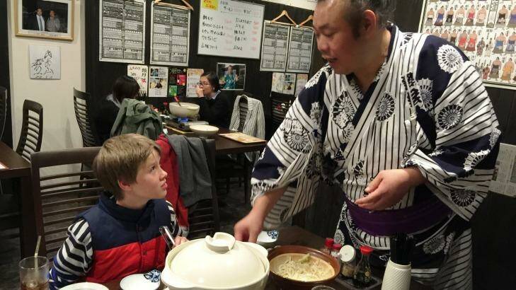 Jack with ex-professional wrestler Sagami-San, who explains the niceties of shabu shabu (hot pot) at his sumo restaurant in Matsumoto. Photo: Max Anderson