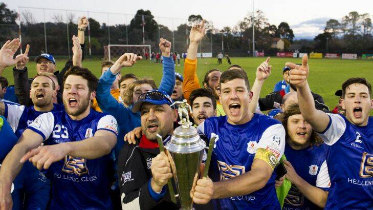 Canberra Olympic celebrate the winning the Capital Football Grand Final, Canberra Olympic v Canberra FC at Deakin Stadium Photo Jay Cronan,