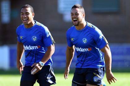 Will Hopoate and Jarryd Hayne at a Parramatta training session in 2014. 
