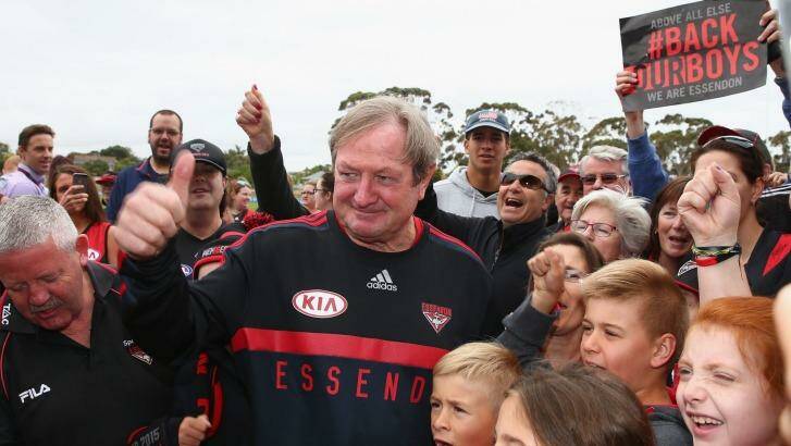 Master of the mind games: Kevin Sheedy mingles with Essendon fans during Thursday's training session. Photo: Robert Cianflone