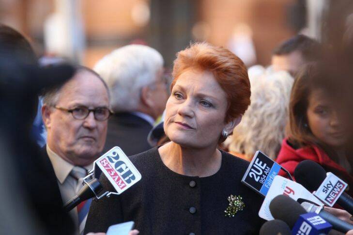 HANSON.AFR.3 JUNE 2013.Photo by ROB HOMER ..... PAULINE HANSON giving a doorstop in Martin place Sydney announcing that she will run in the september federal election